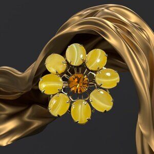 Vintage 1950's Yellow Cats Eye Round Flower Brooch Retro Gold Tone Pin Riveted